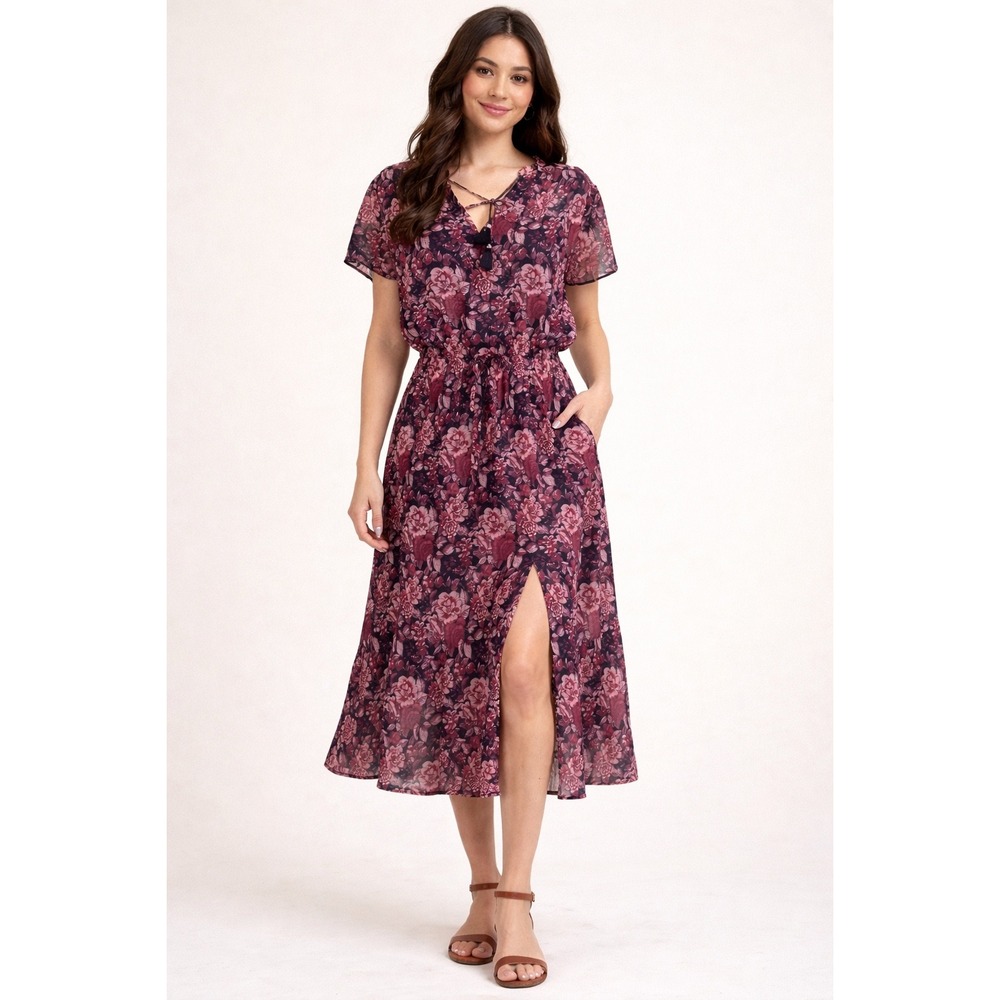 NWT PAIGE Lyndie Dress Floral Print Black Pink Midi Tie Waist Size M